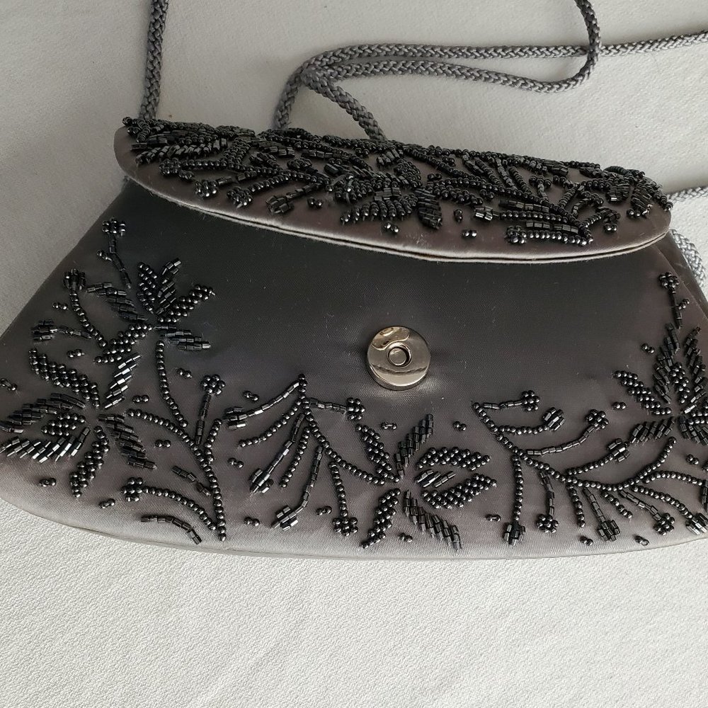 La Regale Formal Beaded Purse Gray Satin - Picture 3 of 9